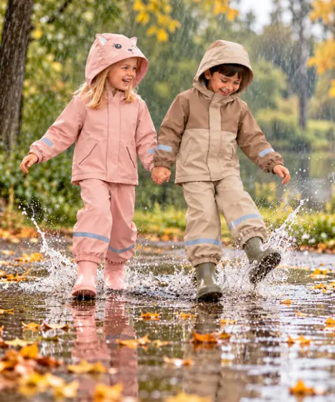 Mädchen und Junge in Regenbekleidung und Gummistiefeln springen gemeinsam durch Pfützen
