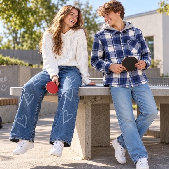 Eine Jugendliche und ein Jugendlicher sitzen draußen an einer Tischtennisplatte. Beide tragen Jeans und lässige Oberteile, der Junge hält einen Tischtennisschläger in der Hand.