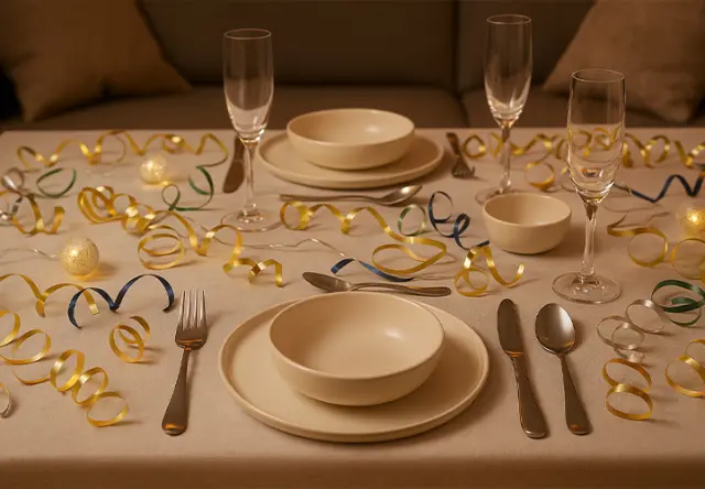 Ein festlich gedeckter Esstisch mit cremefarbenen Tellern, silbernem Besteck und gerippten Gläsern. Der Tisch ist mit bunten Luftschlangen und dekorativen Kugeln geschmückt.