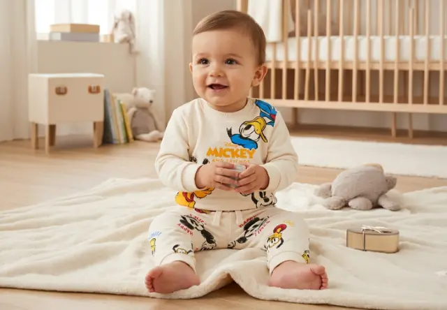 Baby in Mickey-Mouse-Kleidung sitzt lächelnd im Kinderzimmer – bequeme Disney Babymode für Alltag und Spielzeit