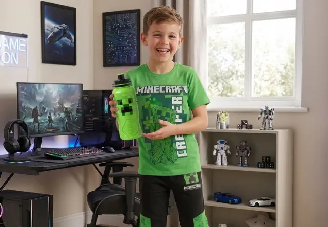 Junge in Minecraft Kleidung mit passender Trinkflasche im Gaming-Zimmer – farbenfrohe Kinderbekleidung für Fans der beliebten Spielwelt