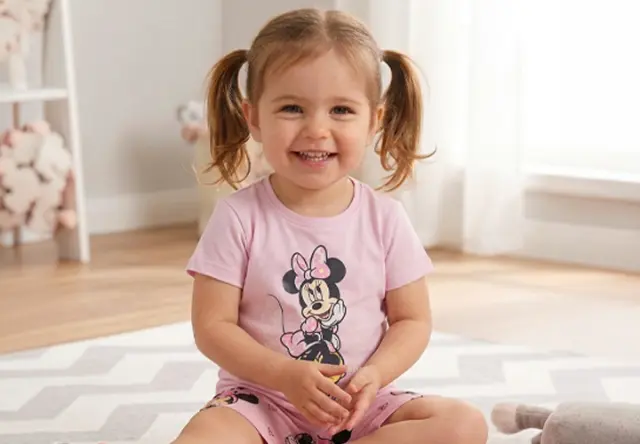 Kleines Mädchen in Minnie-Maus-Schlafbekleidung sitzt lächelnd im Kinderzimmer – bequeme Disney Kindermode für Alltag und Freizeit