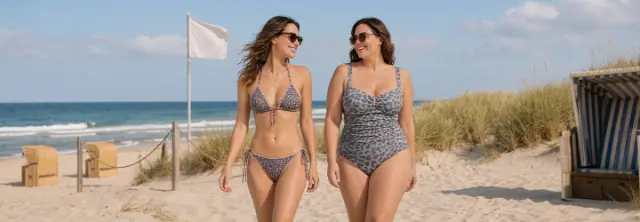 Zwei Frauen in Badebekleidung gehen am Strand mit Dünen und Strandkörben im Hintergrund