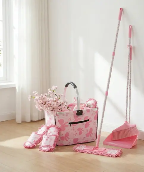 Rosafarbenes Reinigungsset mit Mopp, Besen, Kehrschaufel, Putztasche und Putzpantoffeln in einem hellen Raum.