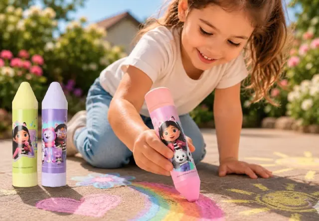 Mädchen malt mit Disney Straßenmalkreide bunte Motive auf den Boden im Freien – kreativer Malspaß für Kinder