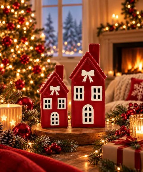Weihnachtsdeko mit roten Keramikhäusern, Weihnachtsbaum und Lichtern