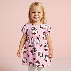 Kleinkind-Mädchen in rosa Kleid mit Tiermotiv vor rosafarbenem Hintergrund. Kleinkind-Mädchen in rosa Kleid mit Tiermotiv vor rosafarbenem Hintergrund.