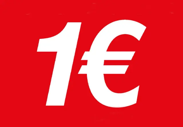 Weißer Text auf leuchtend rotem Hintergrund mit der Aufschrift „1€“, der auf ein Sonderangebot hinweist