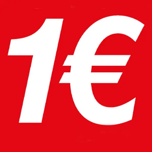 Weißer Text auf leuchtend rotem Hintergrund mit der Aufschrift „1€“, der auf ein Sonderangebot hinweist