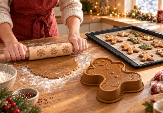 Weihnachtlicher Plätzchenteig wird mit einer Teigrolle ausgerollt, daneben liegen Lebkuchen und eine Backform
