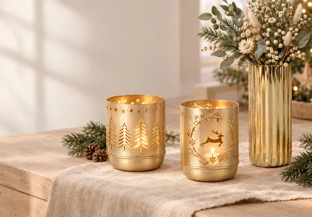 Zwei goldene Windlichter mit weihnachtlichen Motiven und Trockenblumen in natürlicher Dekoration