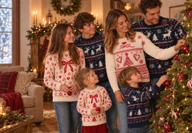 Familie mit vier Kindern trägt festliche Weihnachtspullover in Rot, Weiß und Blau und schmückt gemeinsam den Weihnachtsbaum