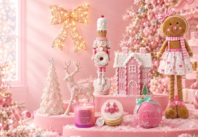 Verspielte Weihnachtsdeko in Rosa mit Lebkuchenfigur, Nussknacker, Rentier und glitzernden Accessoires