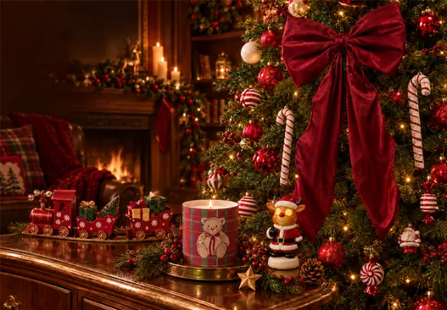 Klassische Weihnachtsdeko in Rot und Gold mit geschmücktem Weihnachtsbaum, Schleife und festlichen Accessoires