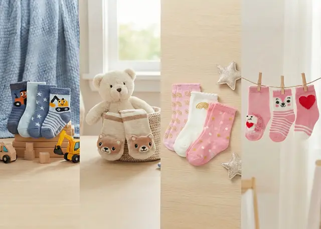 Bunte Kindersocken mit verschiedenen verspielten Designs, dekoriert mit einem Teddybären und Lichterdekoration in gemütlicher Atmosphäre.