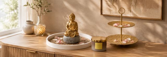 Goldene Buddha‑Figur auf einem „Balance“-Stein, daneben ein goldenes Stufentablett mit Blütenblättern sowie eine Duftkerze „Morning Citrus“ auf einem Holzschrank.