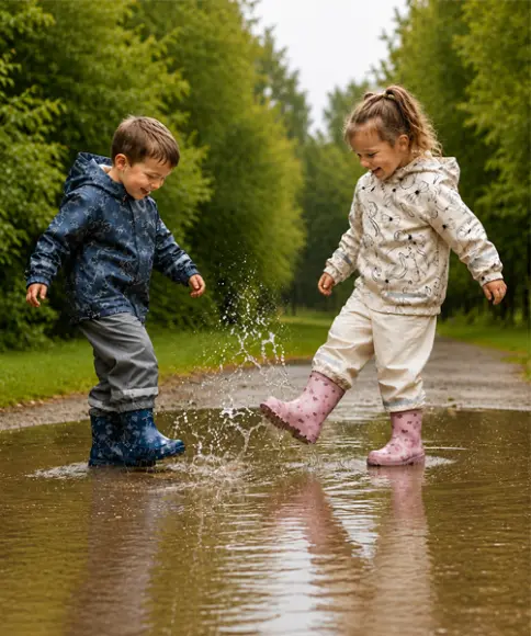 Kinder in Regenbekleidung und Gummistiefeln spielen fröhlich in einer Pfütze auf einem Waldweg
