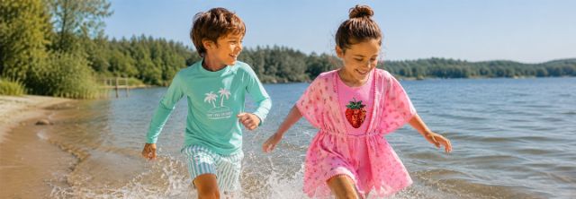 Zwei Kinder laufen lachend am Ufer eines Sees, das Mädchen trägt ein pinkes Kleid mit Erdbeermotiv, der Junge ein türkisfarbenes Shirt mit Palmenprint.
