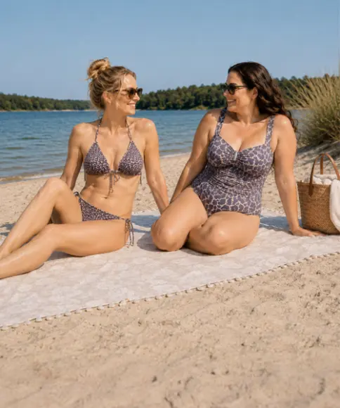 Zwei Frauen in Badebekleidung mit Animal‑Print sitzen auf einer Stranddecke in der Nähe eines Gewässers, neben ihnen liegen eine Strohtasche und ein Handtuch.
