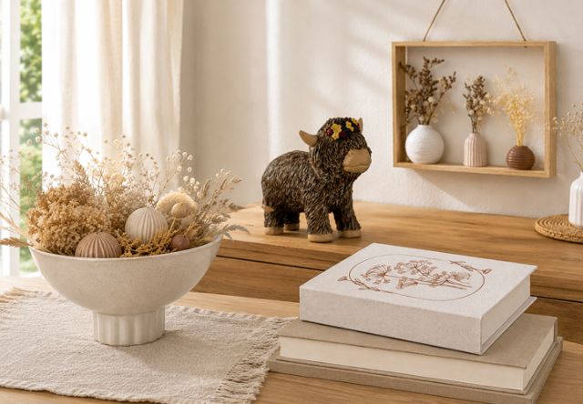 Dekorative Wohnaccessoires aus Naturmaterialien auf einer Holzkommode – Trockenblumen, Schale und Tierfigur im natürlichen Wohnstil