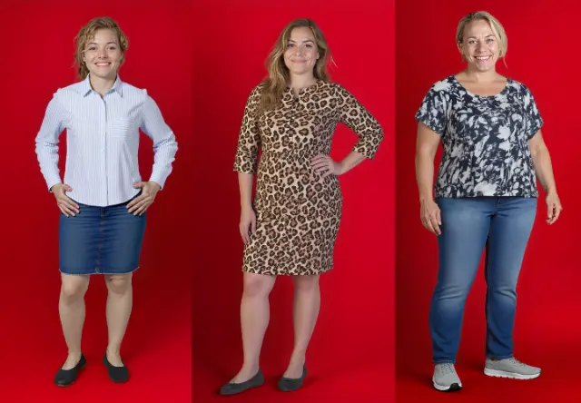 Drei Outfits vor kräftig rotem Hintergrund: ein gestreiftes Shirt mit Rock, ein Kleid mit Leopardenmuster und ein geblümtes Oberteil mit Jeans.