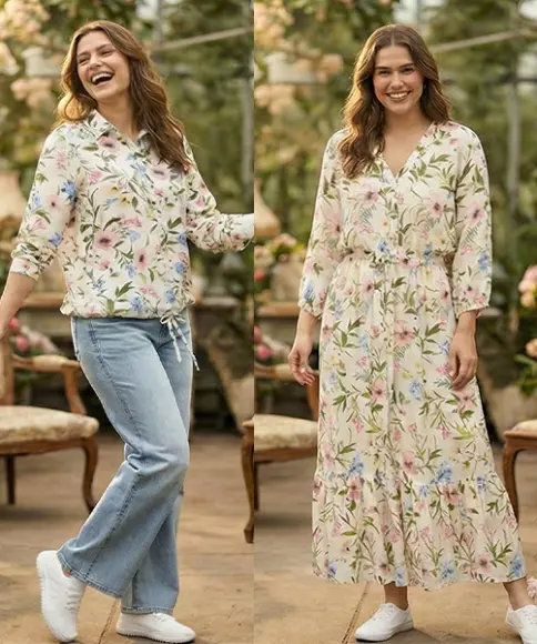 Ein Gewächshaus mit Blumenmotiven, gefüllt mit leuchtenden Blumen, mit einer Person in Freizeitkleidung auf der linken Seite und einem langen Kleid auf der rechten Seite.
