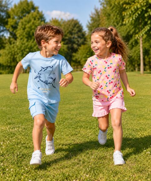 Kinder in sommerlichen Outfits mit T-Shirts und Shorts laufen gemeinsam über eine sonnige Wiese