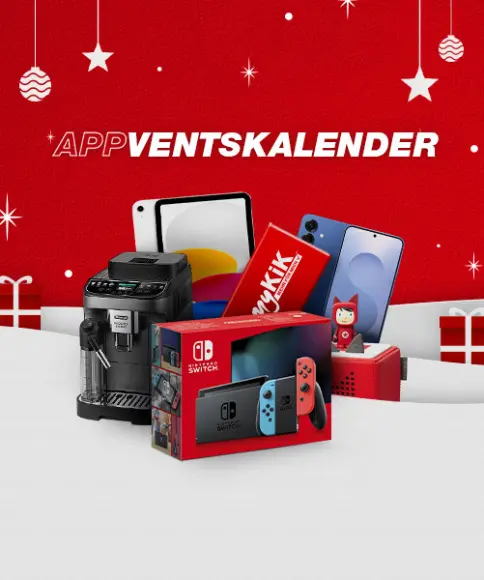 Werbebild mit einer Kaffeemaschine, einer Nintendo Switch, Smartphones und festlichen Dekorationen auf rotem Hintergrund.