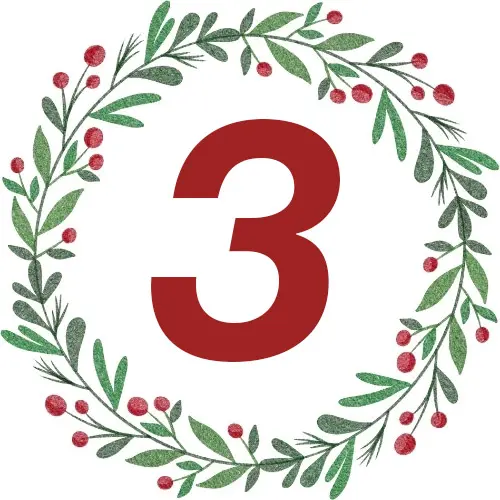 Ein festlicher Kranz aus grünen Blättern und roten Beeren, in dessen Mitte die Zahl Drei prominent dargestellt ist