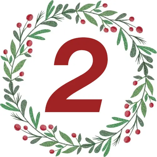 Ein festlicher Kranz aus grünen Blättern und roten Beeren, in dessen Mitte die Zahl Zwei prominent dargestellt ist