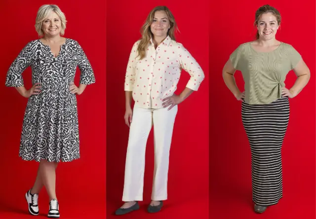Eine oder mehrere Frauen präsentieren stilvolle Outfits vor einem leuchtend roten Hintergrund – darunter gemusterte Kleider, bedruckte Oberteile, Hosen und gestreifte Röcke.