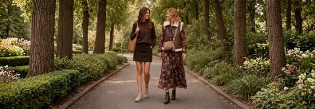 	 Zwei Frauen spazieren in stilvollen Herbst-Outfits durch einen Park mit Strick, Kleid, Weste und Stiefeletten.