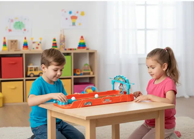 Zwei Kinder spielen ein Tischspiel mit einer Spielzeugbahn und bunten Kugeln in einem hellen, fröhlichen Raum voller Lernspielzeug.