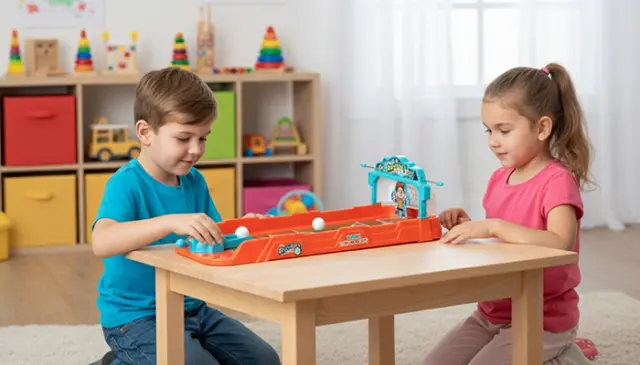 Zwei Kinder spielen ein Tischspiel und konzentrieren sich dabei ganz auf ein orangefarbenes Spielset mit Bällen in einem bunten, mit Spielzeug gefüllten Zimmer.