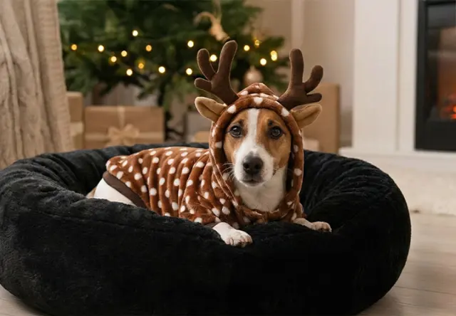 Ein Hund in einem braunen Rentierkostüm mit Geweih liegt auf einem schwarzen Hundebett in einem Wohnzimmer, das mit einem Weihnachtsbaum dekoriert ist.