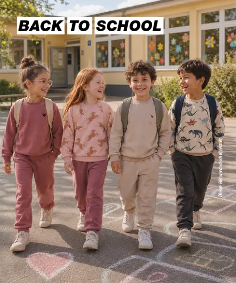 Kinder in bequemen Sweat-Outfits mit Rucksäcken auf dem Schulhof zum Schulstart
