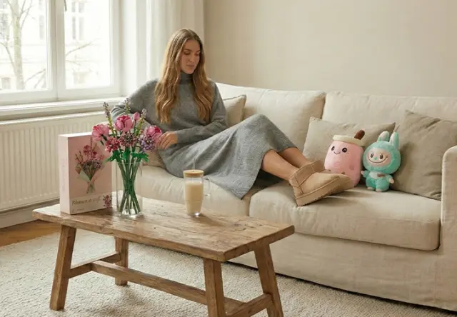 Eine Frau in einem gemütlichen grauen Kleid entspannt auf einem cremefarbenen Sofa mit einem Kaffee, umgeben von einem Blumenstrauß, einem Stofftier und einer fröhlichen Atmosphäre.