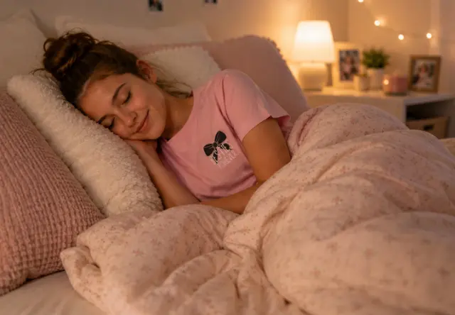 Ein schlafendes Mädchen liegt gemütlich eingekuschelt unter einer Bettdecke und trägt einen rosa Schlafanzug. Das stimmungsvolle Schlafzimmer vermittelt Ruhe und Geborgenheit. Ein schlafendes Mädchen liegt gemütlich eingekuschelt unter einer Bettdecke und trägt einen rosa Schlafanzug. Das stimmungsvolle Schlafzimmer vermittelt Ruhe und Geborgenheit.