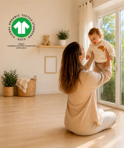 GOTS-zertifizierte Babykleidung mit Mutter und Baby