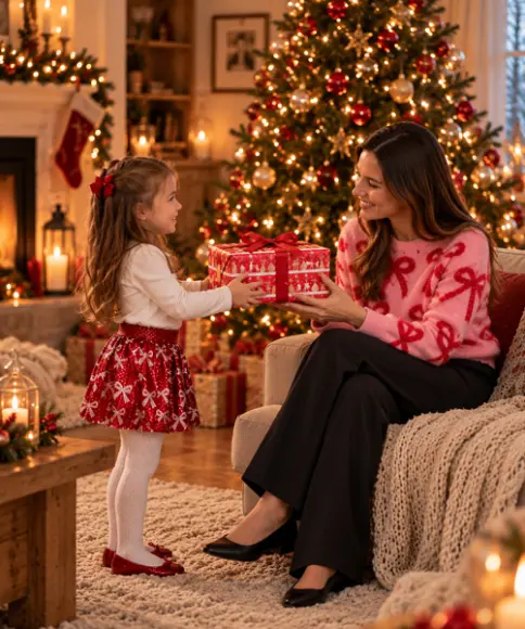	Tochter überreicht ihrer Mutter ein Weihnachtsgeschenk im festlich dekorierten Wohnzimmer mit Weihnachtsbaum