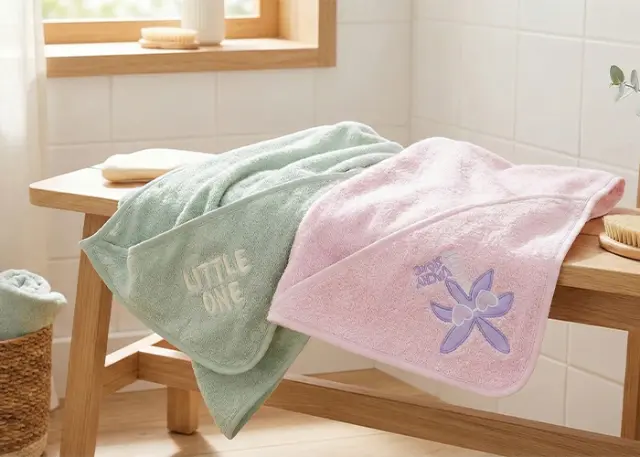Zwei weiche Babyhandtücher, eines grün mit der Aufschrift „LITTLE ONE“ und eines rosa mit Blumenmotiv, liegen auf einem Holztisch am Fenster.