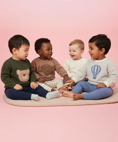 Vier Kinder sitzen auf einem Kissen vor einem rosa Hintergrund und tragen bunte Pullover mit verspielten Motiven.