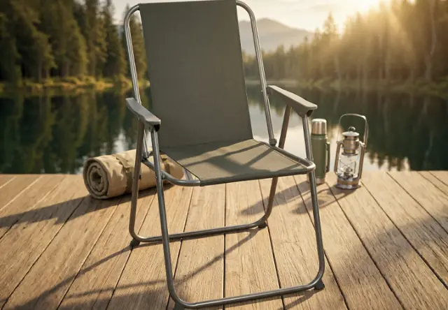 Klappbarer Campingstuhl mit Armlehnen auf Holzterrasse am See bei Sonnenuntergang – ideal für komfortable und entspannte Outdoor-Momente