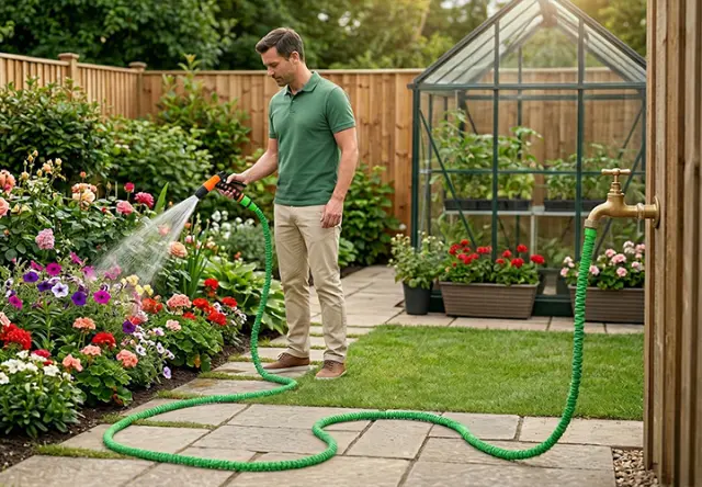 Gartenschlauch mit Sprühbrause im Einsatz beim Bewässern von Blumen im gepflegten Garten – praktisches Gartenzubehör für eine einfache und effiziente Pflanzenpflege