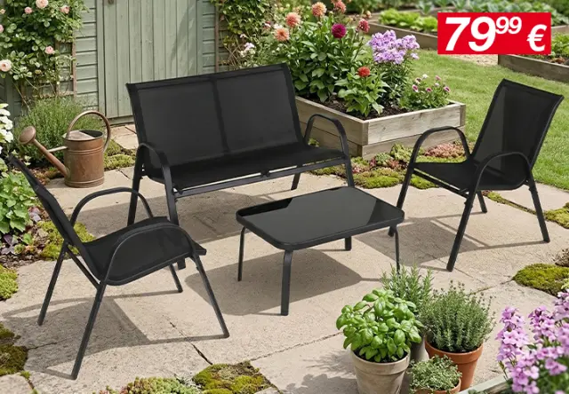 Modernes schwarzes Gartenmöbel-Set mit Tisch, Bank und Stühlen auf sonniger Terrasse, umgeben von blühenden Pflanzen – ideal für entspannte Stunden im eigenen Garten Modernes schwarzes Gartenmöbel-Set mit Tisch, Bank und Stühlen auf sonniger Terrasse, umgeben von blühenden Pflanzen – ideal für entspannte Stunden im eigenen Garten