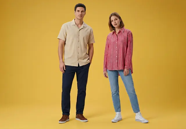 Zwei lässig gekleidete Personen stehen vor einem gelben Hintergrund, eine trägt ein beiges Hemd mit dunkler Hose, die andere ein rot gestreiftes Shirt mit blauer Jeans.