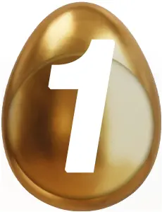 Golden glänzendes Ei mit einer großen weißen Zahl „1“ auf der Oberfläche.
