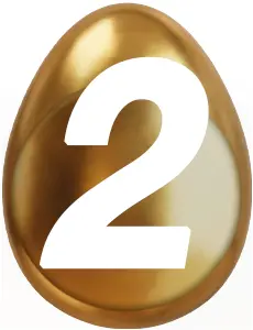 Golden glänzendes Ei mit einer großen weißen Zahl „2“ auf der Oberfläche.