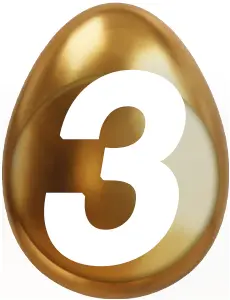 Golden glänzendes Ei mit einer großen weißen Zahl „3“ auf der Oberfläche.