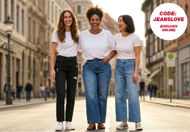 Drei Frauen tragen verschiedene Jeanslooks in der Stadt mit Hinweis auf Rabattcode JEANSLOVE – modische Denim-Outfits für trendige Alltagsstyles